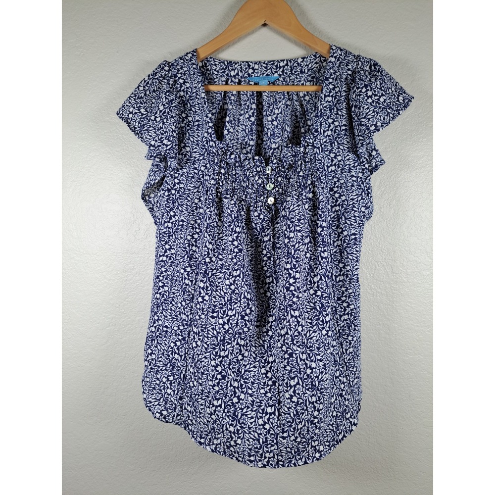 Draper James Navy Blue White Floral Flutter Sleeve Smocked Blouse Small